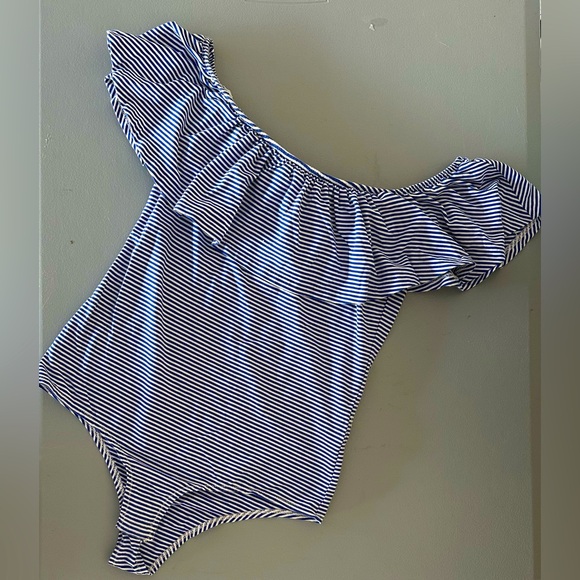 J. Crew Blue and White Striped Off the Shoulder Bodysuit. Size M - Picture 1 of 5